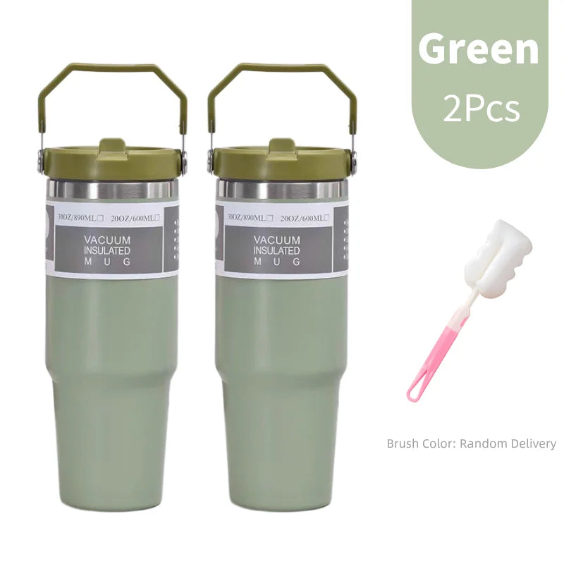 Portable Stainless Steel Thermos Cup with Straw & Handle