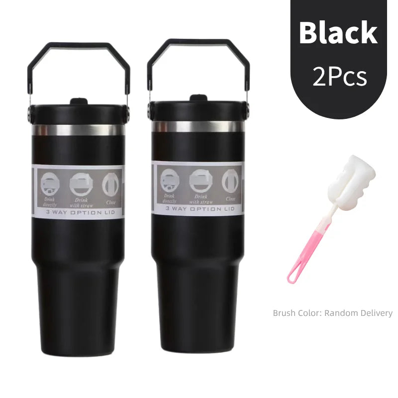 Portable Stainless Steel Thermos Cup with Straw & Handle