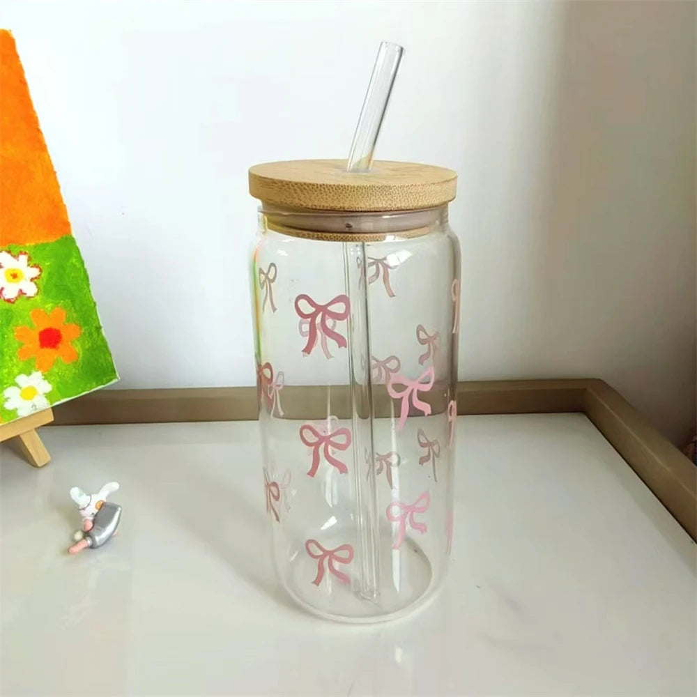 Pink Bow Cute Glass Cups with Lids and Straw