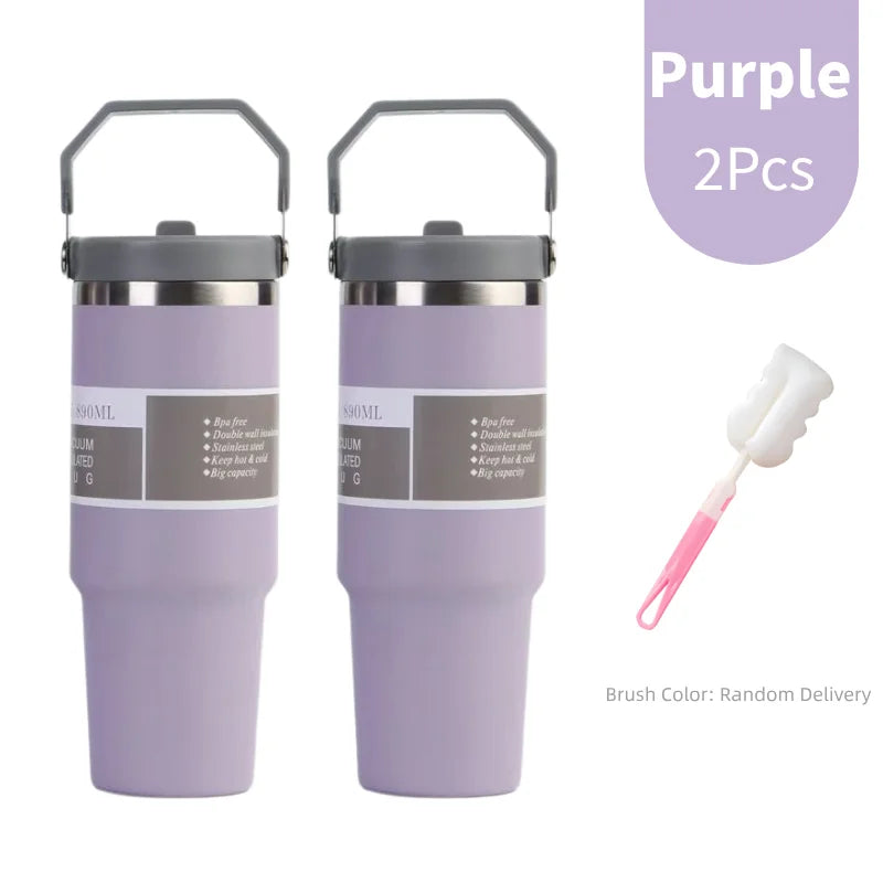 Portable Stainless Steel Thermos Cup with Straw & Handle