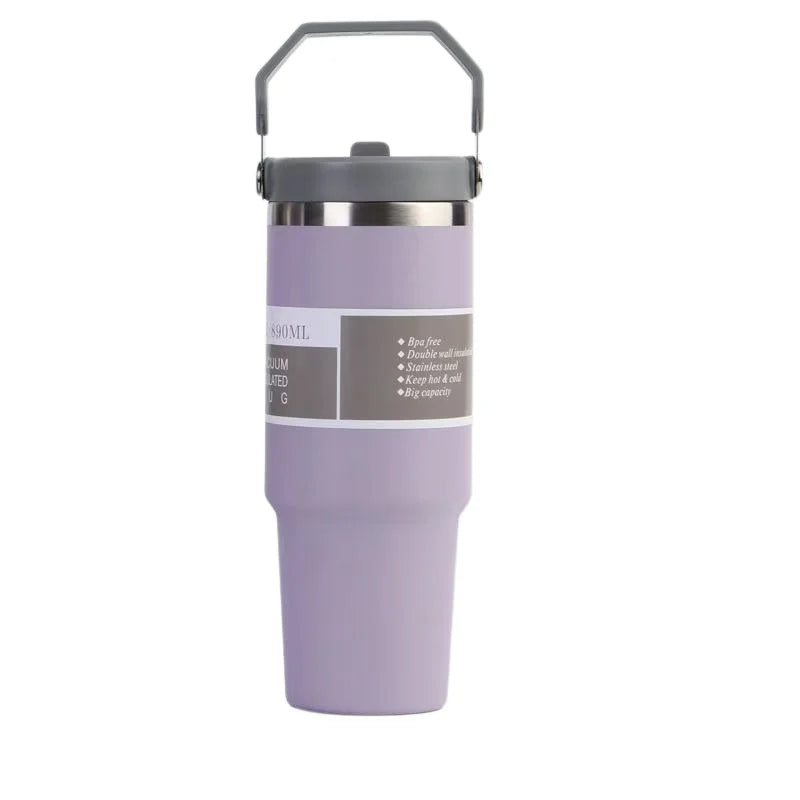 Portable Stainless Steel Thermos Cup with Straw & Handle