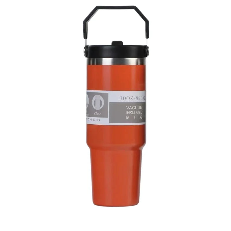 Portable Stainless Steel Thermos Cup with Straw & Handle