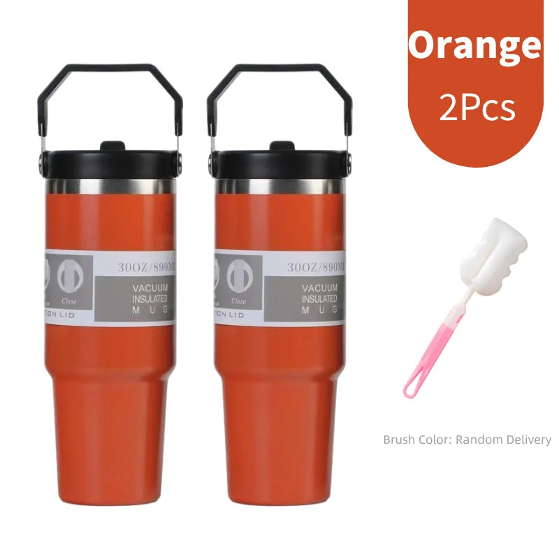 Portable Stainless Steel Thermos Cup with Straw & Handle