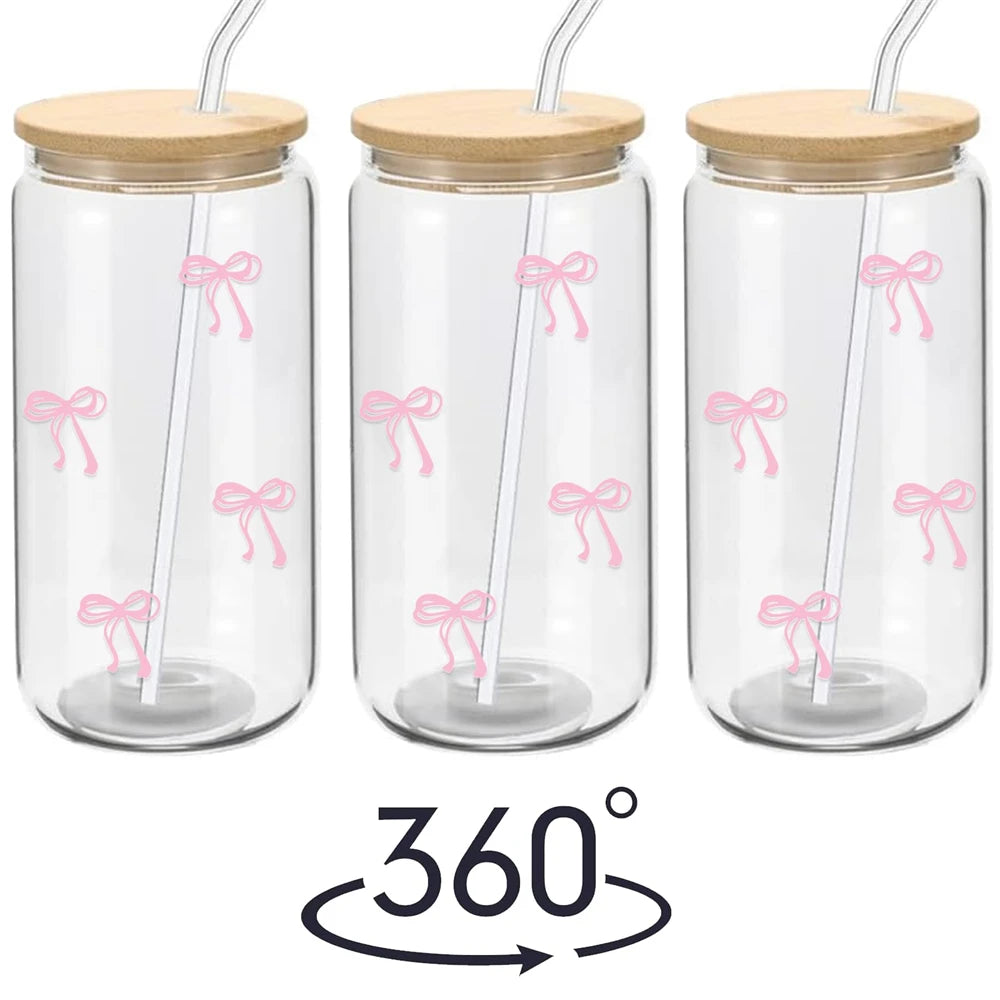 Pink Bow Cute Glass Cups with Lids and Straw