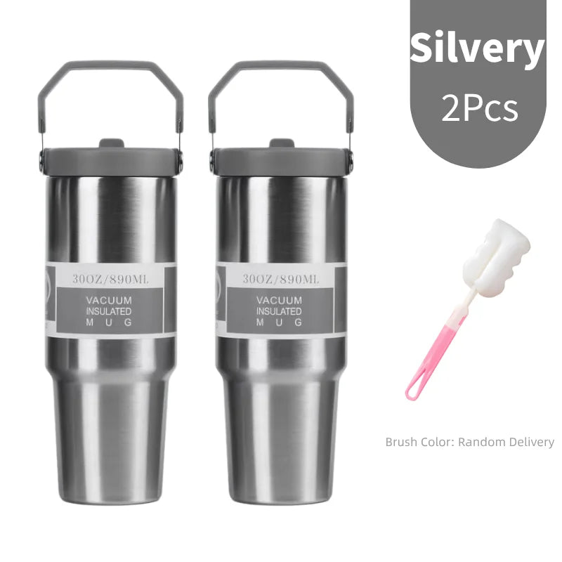 Portable Stainless Steel Thermos Cup with Straw & Handle