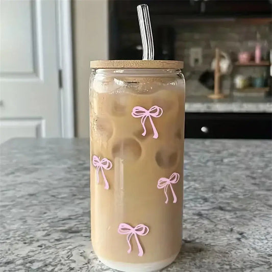 Pink Bow Glass Cup with Lid and Straw Cute Aesthetic Drinking Glass