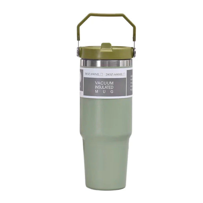 Portable Stainless Steel Thermos Cup with Straw & Handle