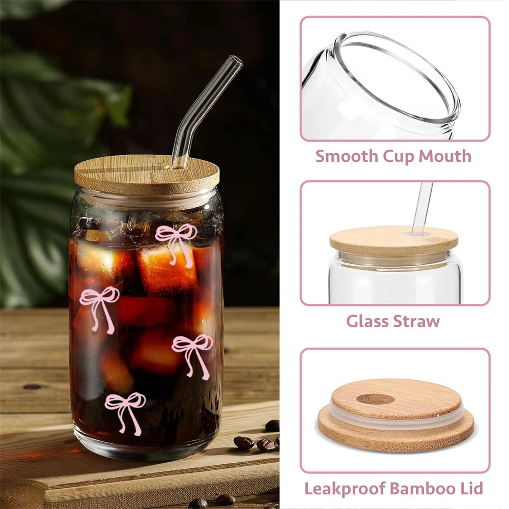 Pink Bow Cute Glass Cups with Lids and Straw