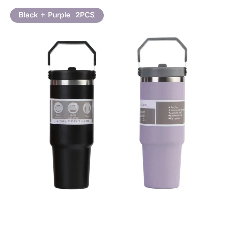 Portable Stainless Steel Thermos Cup with Straw & Handle