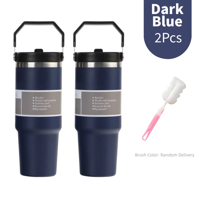 Portable Stainless Steel Thermos Cup with Straw & Handle