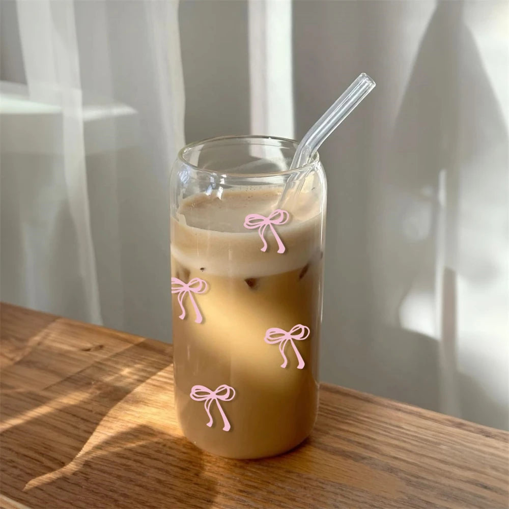 Pink Bow Cute Glass Cups with Lids and Straw