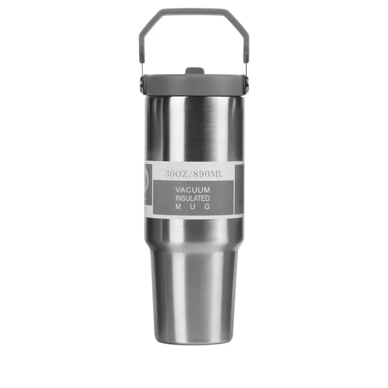 Portable Stainless Steel Thermos Cup with Straw & Handle