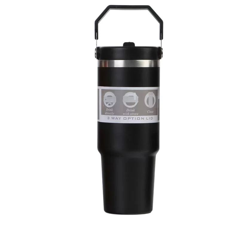 Portable Stainless Steel Thermos Cup with Straw & Handle