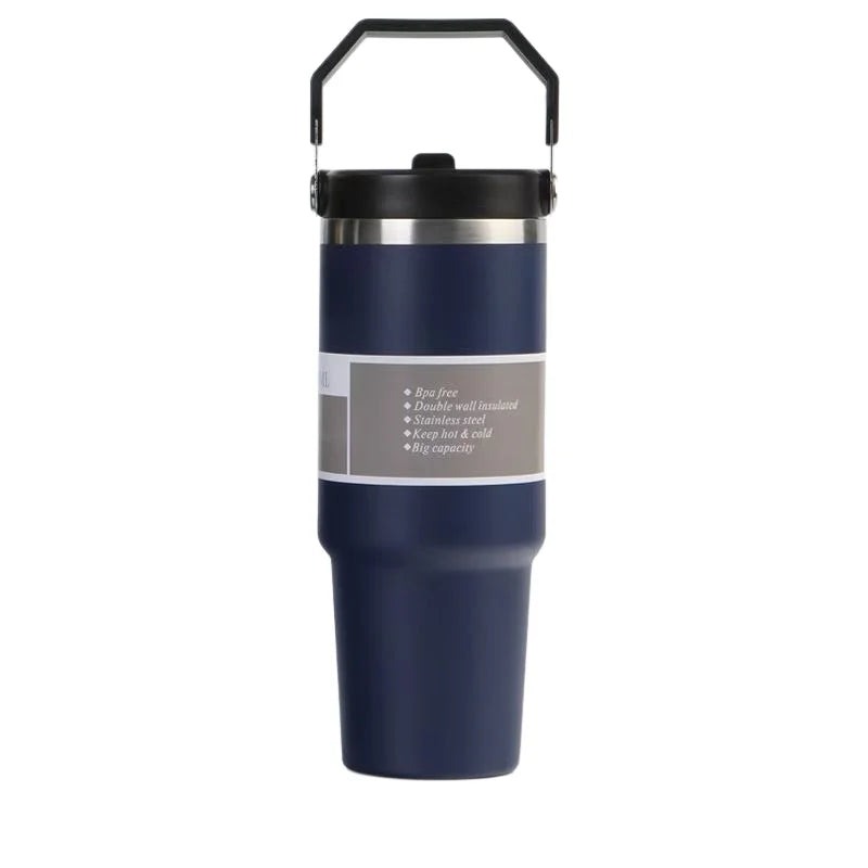 Portable Stainless Steel Thermos Cup with Straw & Handle