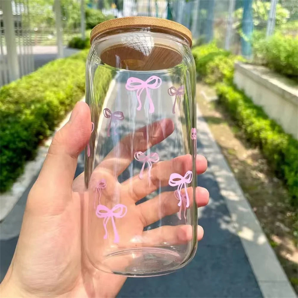 Pink Bow Cute Glass Cups with Lids and Straw